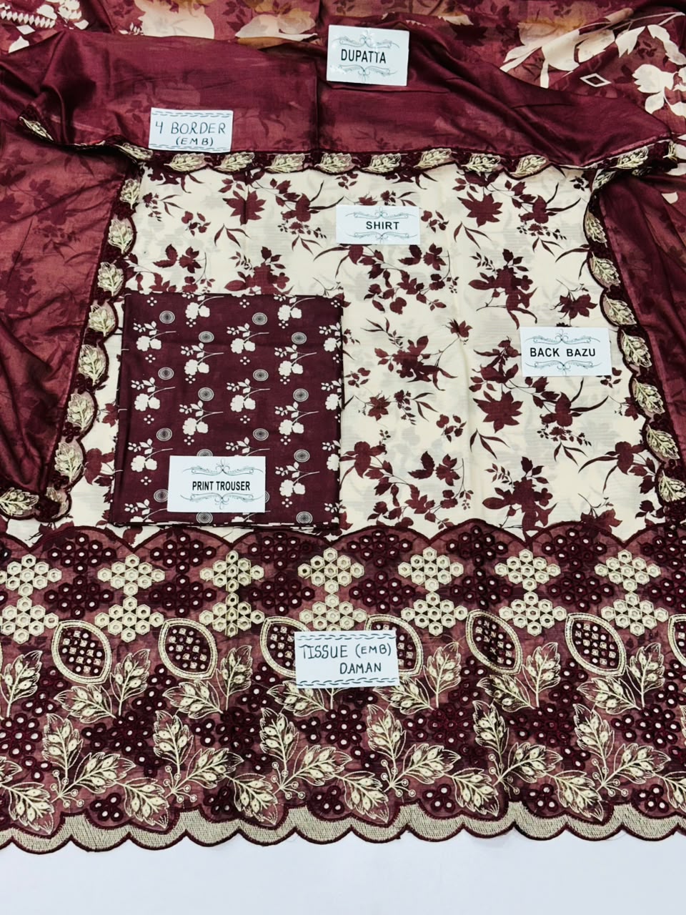 Dana down lawn Daman patch emb boring Print plain trouser