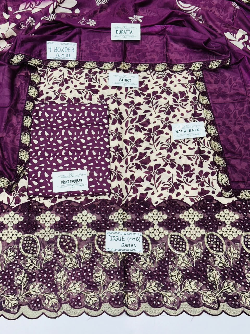 Dana down lawn  Daman patch emb boring Print plain trouser